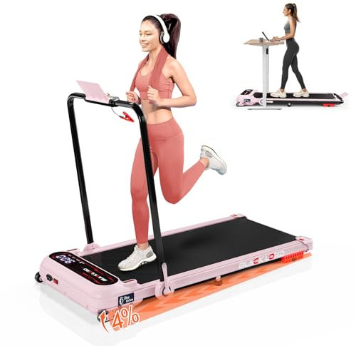 BLACK LORD Tapis de Marche, Tapis Roulant Mince Bureau, 1-15km/h, Tapis 390mm, Absorption Chocs, Télécommande & App, Affichage LED,avec poignée,Rose