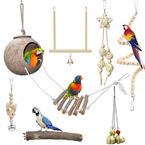 Gmphix 7 StüCk Vogelspielzeug, Vogel Spielzeug Wellensittich Spielzeug, VogelkäFig ZubehöR, Naturholz VogelkäFig Wellensittich, Vogelschaukel Glocken Kauspielzeug FüR Sittiche, Kleine Haustiere