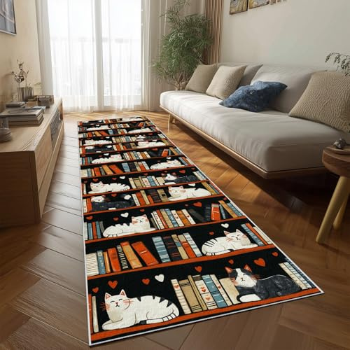 Dppyuxa Teppich Läufer Flur Katzenliebhaber Buch rutschfest und Waschbar | Cute Katzenmotiv Küchenläufer lang für die Küche Tier Buch Flurteppich auch als Bettvorleger für Schlafzimmer 60x150 cm