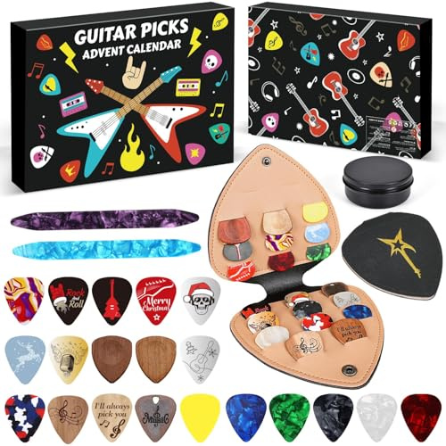 Gitarrenplektren Adventskalender 2025 mit 24 Überraschungen, 20 Celluloid- und Holzplektren in verschiedenen Stärken, Inklusive 2 Oud-Plektren und Aufbewahrungsbox, Ideal für Gitarren- und Ukulelespie