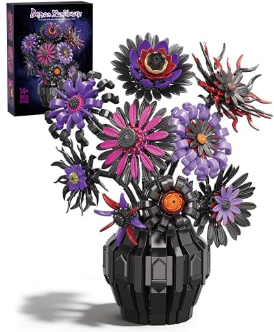 Mavo brix Sunflower Dunkle Sonnenblumen Bausteinset mit Vase, Gothic Lila Van-Gogh-Sonnenblume zur Wohnraumdekoration, Kompatibel mit Lego Sonnenblumen Botanicals Collection, 1183 Teile