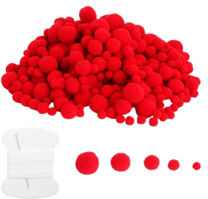KQDRAVINE 500 Stück Rote Pompons Zum Basteln, Pompons Rot in 5 Größen 10–30 mm, Pompons Zum Basteln Rot mit Nadel und Faden, Rote Bommel Klein für DIY, Kranz, Party, Deko