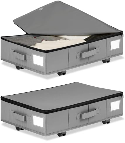 Lot de 2 boîtes de rangement sous lit avec roulettes - Rotation à 360° - Pliable - Avec couvercle - Ultra épais - Oxford 600D - Grand vêtement de rangement sous lit - Gris - 60 x 40 x 18,5 cm