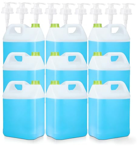 UMETASS 9 Pack 2.5 Gal Plastic F-Style Jug, Plastic Water Jug Heavy-Duty HDPE Storage Container for Oil, Sauces, Soaps, Detergents, Honey Liquids with Screw-On Cap and Pump Lid （Translucent