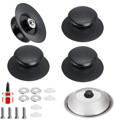 NYVOR 4 Pack Boutons Casserole Couvercle, Universelle Poignée de Couvercle de Pot de Rechange, Anti-Brûlure Poignée Couvercle de Casserole Réparation d'Ustensiles de Cuisine Famille Usage (Noir)