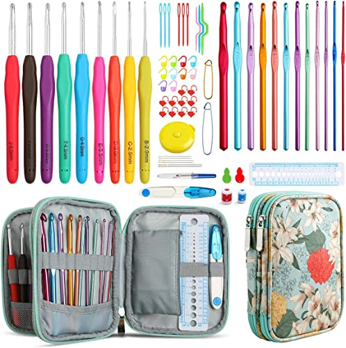 JOZEA 71 Häkelnadel Set Häkelnadeln Bunte Ergonomische Griffe Stricken Nadeln in Verschiedenen Größen 51 Zubehör Kit Häkeln Nadel Weiche Stricknadeln mit Tragbar Tasche für Alle Muster Wollarten