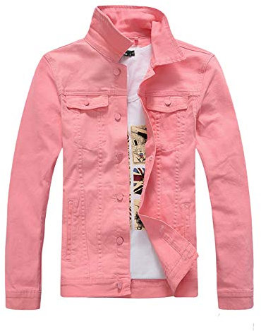 Veste en Denim pour Hommes Veste Biker,Veste en Jeans Couleur Unie Bouton Blouson Jacket Manche Longue Manteau Outwear Tops Loisirs Lavé Trucker Denim Jacket,Printemps et Automne Rose XL