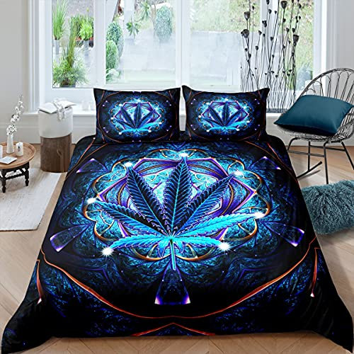 Loussiesd Marihuana Blatt Bettwäsche Set 200x200cm Boho Mandala Cannabis Blätter Bettbezug Set für Kinder Jungen Männer Galaxy Betten Set Hanf Gradient Blau Schön mit 2 Kissenbezügen 3St