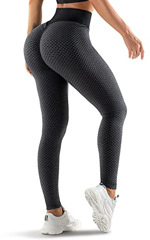 Oielai Tik Tok Damen Sport Leggings, High Waist Push Up Boom Booty Leggings mit Bauchkontrolle, Lange Sporthose Fitnesshose Yoga Leggings für Damen Mädchen, Schwarz/Grau, M
