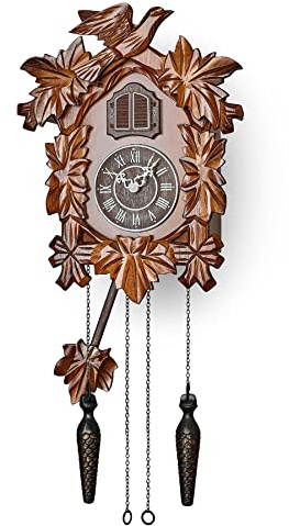 TIMEGEAR Cuckoo Clock with Night Mode, Hand Carved Decorations and Swinging Pendulum (Brown)