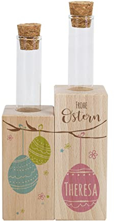 Herz & Heim® Holzvase mit Reagenzgläsern zu Ostern, personalisiert Zweig mit Ostereiern