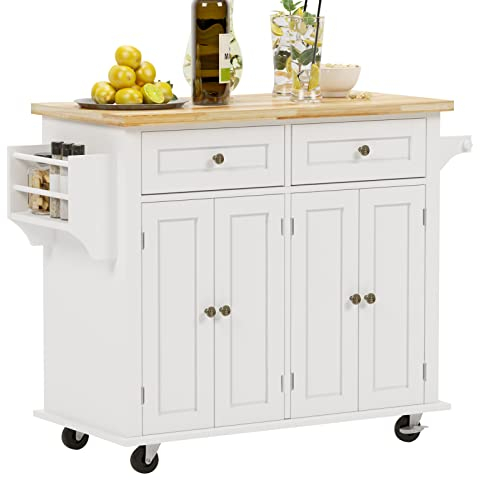 soges Carro de Cocina Isla de Cocina con Ruedas Armario de Cocina Rodante, Unidad de Almacenamiento Móvil con Armario, Cajones, Toallero y Especiero para Cocina, Comedor