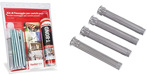 Fischer 508697 Kit di Fissaggio carichi Pesanti T-Bond Ancorante Chimico con Barre Filettate e Tasselli a Rete, Resina & TRE60998 Tasselli a Rete FIS HK 12X85 K per ancorante Chimico, Grigio