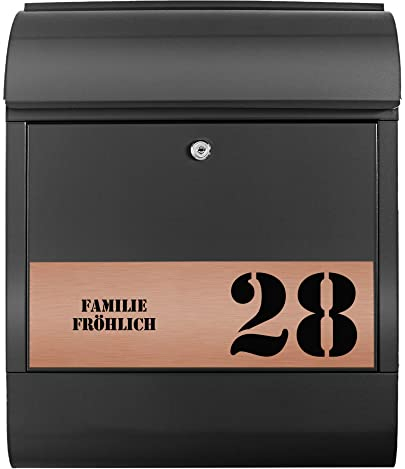 banjado® Briefkasten personalisiert mit graviertem Namensschild in Kupfer/Briefkasten schwarz 39x47x14cm / Briefkasten mit Hausnummer, Namen & Motiv Gravur 3 / Briefkasten mit Zeitungsfach