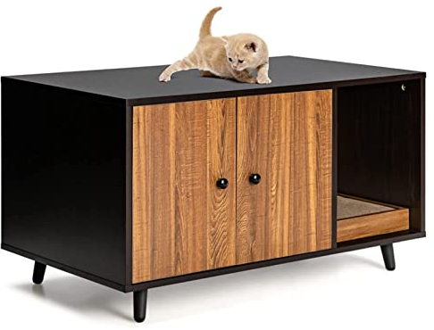 GYMAX 2 in 1 Katzenschrank für Katzentoilette, Katzenhaus mit 2 Türen & Katzenkratzbrett, Katzenklo Schrank, Beistelltisch 90 x 50 x 50 cm (Dunkelbraun)