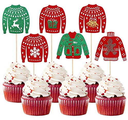 Rsstarxi 24 Pack Ugly Sweater Cupcake Toppers Glitter Christmas Tree Deer Snowflake Bell Snowman Cupcake Picks for Merry Christmas Theme Party Cake Decorations