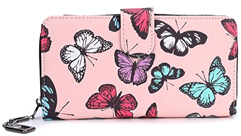 irisaa Geldbörse Damen Groß, Blumen Bunt, Viele Fächer, Portemonnaie mit Reißverschluss, Ethno Gelbeutel, Damen Tasche:Pink Schmetterling