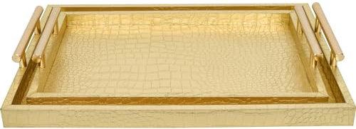MACVAD Lot de 2 Grands Plateaux de Service Modernes et élégants en Bois, Cuir Crocodile doré avec poignées en métal Poli doré, Plateau décoratif rectangulaire pour Ottoman, Table Basse de Salon