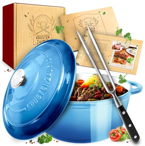 KRUSTENZAUBER Gusseisen Topf [inkl. Fleischgabel] - Hochwertiger 26cm Schmortopf backofengeeignet - Idealer Bräter mit Deckel , Kochtopf Induktion, Emaille , Bratentopf Cast Iron