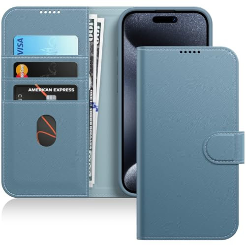 JETech Cover Portafoglio per iPhone 15 Pro Max 6,7 Pollici, Antiurto PU Pelle Magnetica Flip Custodia con Porta Carte, Funzione Supporto e Piena Protezione della Fotocamera (Titanio Blu)