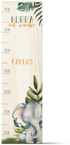 GRAVURZEILE Messlatte für Kinder aus Holz - Tiergruppe Safari - mit Namen für Kinderzimmer - Skala misst 80-140 cm - Größe 20 x 70 x 2 cm - Geschenk zur Geburt für Mädchen & Jungen - Elefant