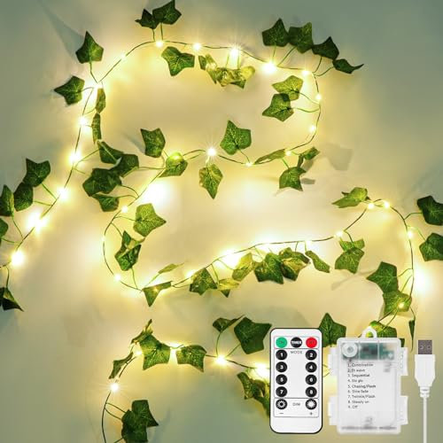KASZOO 10M 100 LED Vines with Fairy Lights, Ivy Fairy Lights with Remote, Fake Vines Battery/USB Operated, Artificial Ivy Garland for Home Kitchen Garden Office Wedding Wall Decor (Warm White)