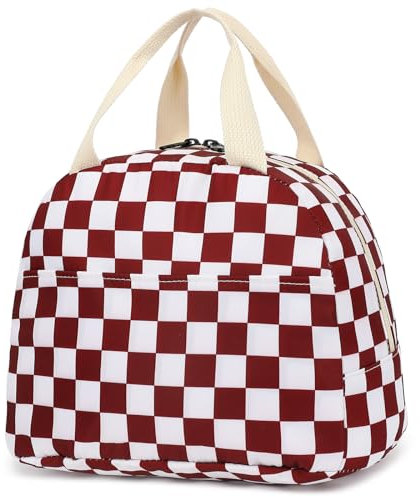 Lonchera a cuadros para mujeres y niñas, bolsas de almuerzo aisladas, reutilizable, para niños, adultos, escuela, trabajo, bolsas comida trabajo, picnic, viajes (rojo vino)