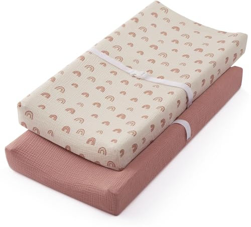 Blissful Diary Funda para cambiador de muselina para niñas y niños, algodón ultrasuave y transpirable, fundas para cambiar pañales de bebé, 2 unidades (rosa polvoriento y arcoíris)