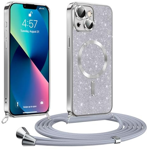 Phoona handyband Hülle für iPhone 13 mit Band, Glitzer Handyhülle Kompatibel mit MagSafe, Ganzkörperschutz Kratzfeste Stossfest Schutzhülle mit Einstellbar Kette, Silber