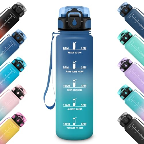 HoneyHolly Gourde Sport, 1000ml Étanche & Réutilisable, Anti-fuite Bouteille, Motivation avec Marqueur Gourde, Bouteille d'eau, Gourdes pour Gym, Adulte, École, Bureau, Yoga, Camping