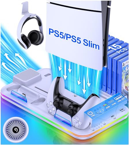 ALEEMTRY Soporte para PS5 Slim con ventilador de 3 niveles, luz RGB, almacenamiento de 15 juegos, soporte para PS5, soporte para PS5 Slim Disc y consola digital, color blanco