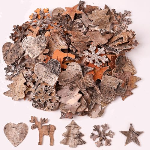 HERZONE 100pcs holz Streudeko Weihnachten aus Birkenholz Deko Winter Holz Deko Schneeflocken, Rentier, Sterne&Weihnachtsbaum - Weihnachtsschmuck, Scrap Booking
