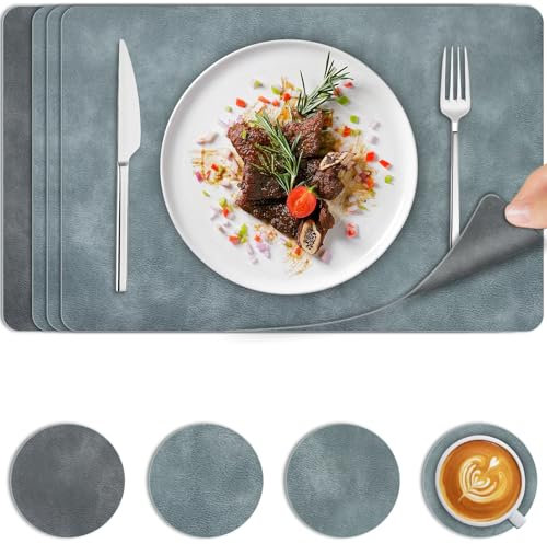 Placemats and Coaster Sets 4, Dual-Sided Faux Leather Table Mats Heat-Resistant, Washable Waterproof Wipe Clean Place Mats Non Slip, Easy to Clean for Outdoor Home Dinning, Blue Grey, 44.5 x 30cm