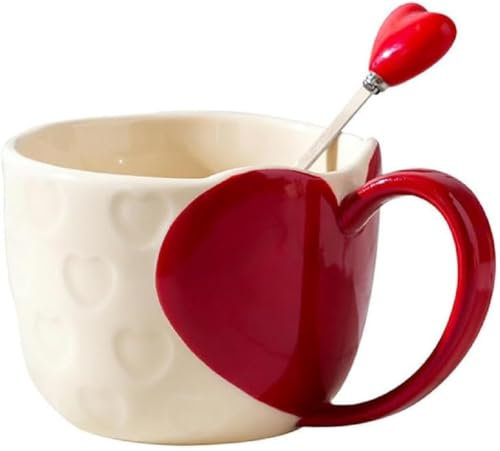 VollfitYYu Herz Kaffeetasse Porzellan Kaffeebecher mit Löffel Relief Herzen Muster Teetasse Keramiktasse für Valentinstag Muttertag Hochzeit Frauen Mädchen Mama Freundin (Rot)