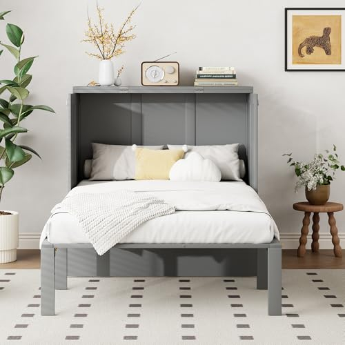 Idemon Armario Cama 90 x 200 cm, Plegable de Pared Con Somier, Vertical, Juvenil (Gris)