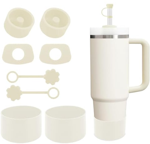 SALUOKE Cup Accessories 8 Pcs, Including 2 Straw Cover Cap, 2 Square Spill Stopper, 2 Round Leak Stopper, 2 Pcs Silicone Boot for Stanley Cups 2.0 40/30oz Tumbler, Cup Not Included (Cream 2.0)