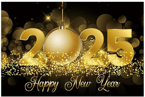 PLUSHCEWT 2025 Frohes Neues Jahr Banner, 150 X 100cm Schwarz-Gold-Glitter Silvester-Dekoration mit Ösen, Neujahrs-Hintergrund-Banner Feier Party-Deko-Zubehör Indoor Outdoor-Deko