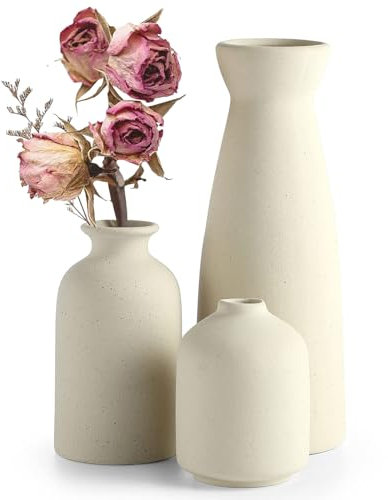 Vasen Set, Keramik Deko Vase für Pampas Grass & Getrocknete Blumen, Landhausstil Home Decor, Boho Blumenvase für Wohnzimmer, Schlafzimmer (Beige, 3er) (Keramik, Beige)