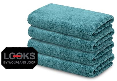 LOOKS BY WOLFGANG JOOP 4X Gästehandtuch 30x50 cm – 100% Baumwolle Luxus Gästehandtücher mit Aufhänger & Logostick, 4er Set Gästetuch türkis