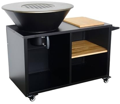 sweeek - Brasero Barbecue Ø80cm - Stromboli - Coloris Noir avec Grille de Cuisson et Espace de Rangement. L 138 x P 82 x H 114 cm