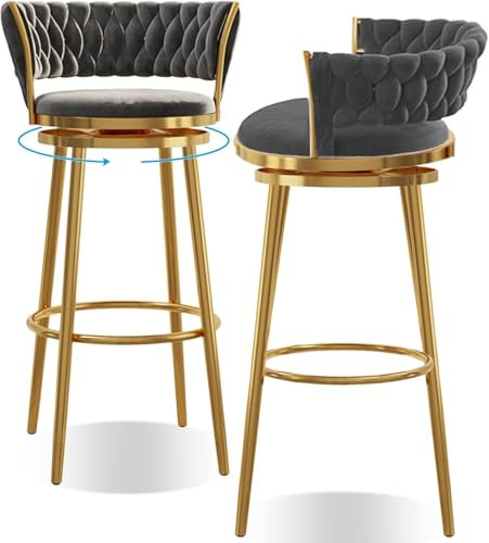 DZYHFCO Moderne Barhocker, 360° drehbar, hohe Rückenlehne, Küchenhocker, breiter, gepolsterter Samtsitz mit goldfarbenem Metallrahmen, Inselhocker für Küchentheke und Bar, Grau, Gold, 2 Stück
