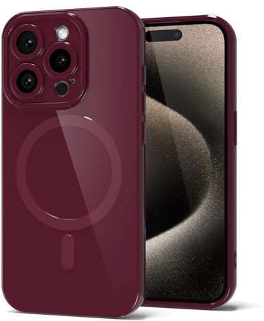 Svanove for iPhone 15 Pro Max Phone Case Silicone Magnetic, Compatible with Magsafe Case Cute for Women, Girly Glossy Jelly Thin Slim Hard Plastic Mag Safe & Camera Cover Protection, Burgundy Maroon