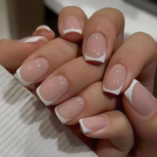LOPHE Unghie Finte Francese, 24 Pezzi Naturali Unghie Adesive con Bordo Bianco Disegno, Unghie Finte quadrato Copertura Completa Nude Naturali, per Donne e Ragazze per Nail Art