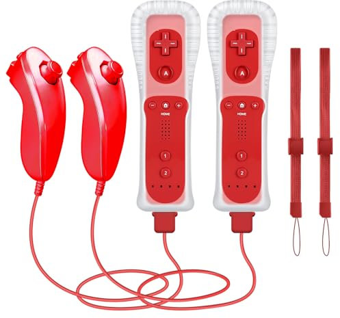 CLVIZCXOM (2 sets / 8 pieces! Remote Control Twin Pack Compatible with Nintendo ​Wii/Wii U Consoles: 2 Remotes + 2 Analog Joysticks + 2 Cases + 2 Straps, with Motion Plus (Red)