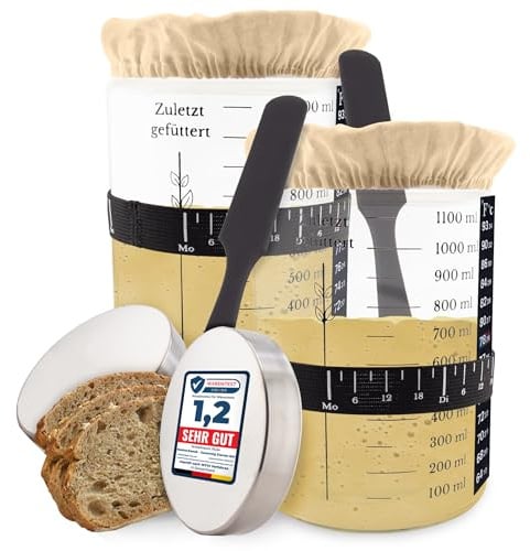 MEISTERZWECK4U Sauerteig Starter 2er Set, 1100ml Gärglas, Sauerteig Glas Behälter zum Brot backen - mit Stoffabdeckung, Thermometer, Fütterungsband, Schaber & Aluminiumdeckel - Zubehör für Brot backen