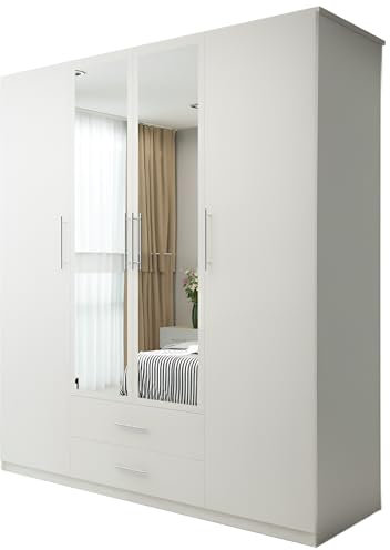 MN Furniture Modern 4-Door Mirrored Wardrobe with Shelves & Drawers| 171cm Wide | Space-Saving Hinged Doors | Storage Cabinet in White/Black/Grey/Oak Finish | Modern Bedroom Organizer (White, 171cm)