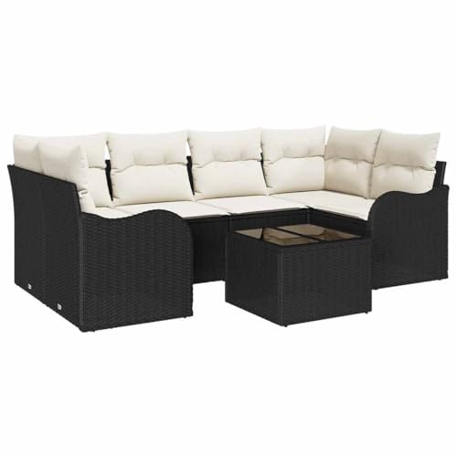 vidaXL 7-teiliges Garten-Sofa-Set mit Kissen in Schwarz, aus Poly-Rattan. Modulare Terrassenmöbel für 5 Personen. Verstellbare Füße. Moderne, wetterfeste und UV-beständige Außenmöbel.