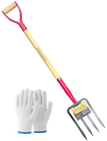 FORCOLID Forchetta da giardino, forca da scavo a 4 denti, 114 cm, impugnatura a Y in acciaio forgiato, manico in legno, colore rosso