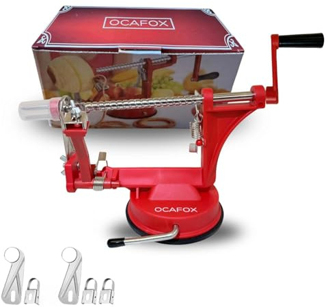OCAFOX Éplucheur Pomme 3-en-1 avec 3 Lames Supplémentaires - Lames en Acier Inoxydable, Base à Ventouse Puissante – Épluche, Coupe et Vide Fruits & Légumes – Outil Manuel pour Cuisine Maison