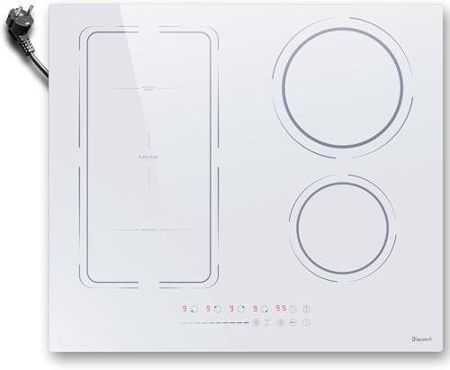 Placa Induccion 4 Fuegos Blanca con Enchufe, Placa Inducción 4 Zonas con Flexible Zona, Empotrable 60cm 3500W, 9 Niveles, Función Boost-Aislamiento, temporizador, Bloqueo Para Niños, 220-240V
